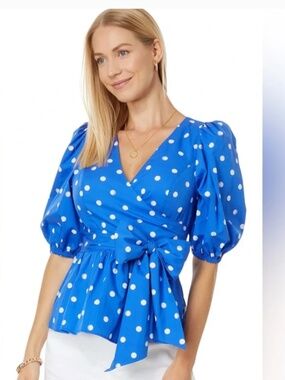 Lilly Pulitzer 0Kara cotton wrap top in blue grotto hotter spot polka dot sz 0